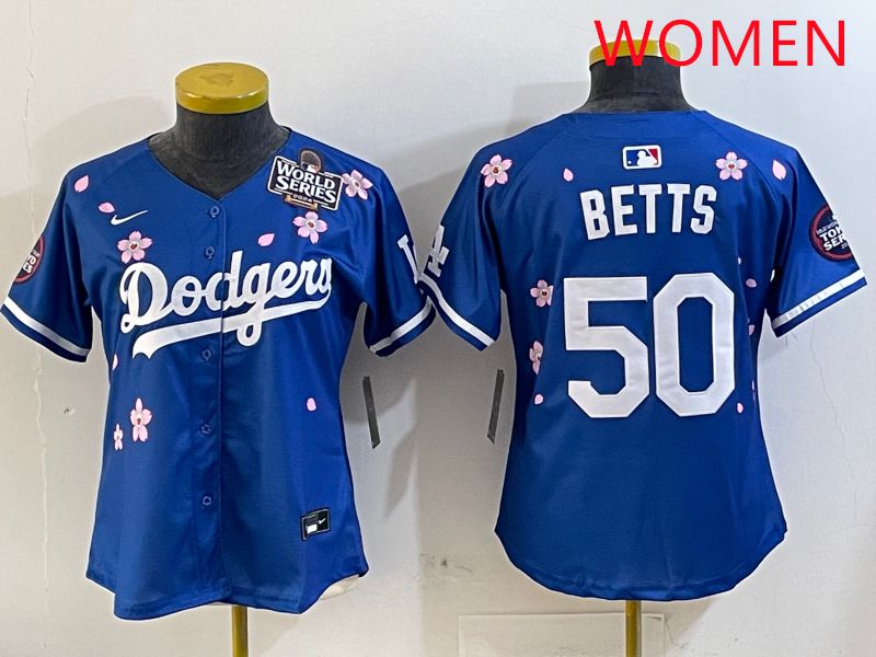 Women Los Angeles Dodgers 50 Betts Blue Sakura Edition 2025 Nike MLB Jersey style 2